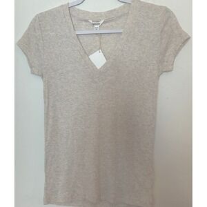 Splendid Knit Cotton Blend V-Neck Short Sleeve T-Shirt Beige Size M